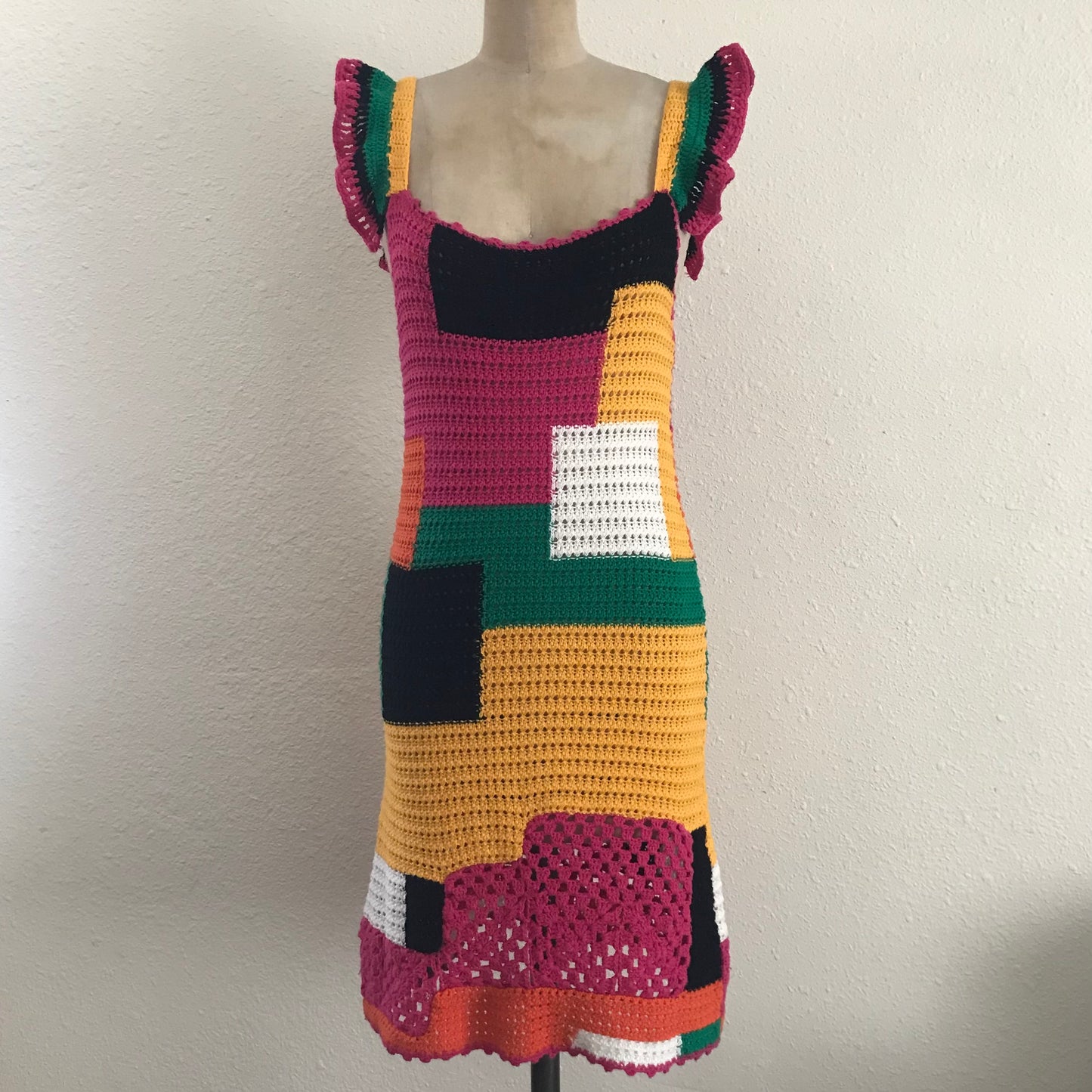 Zara Colorful Crochet Cotton Knit Mini Ruffle Dress