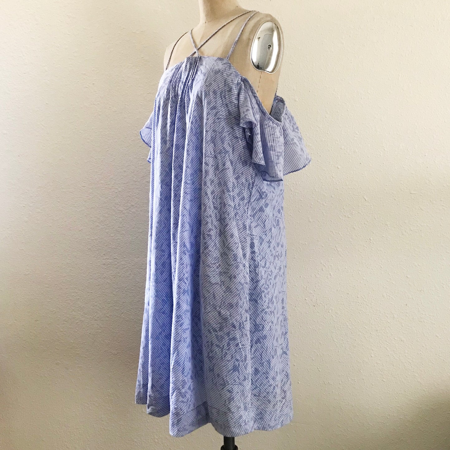 Anthropologie HD in Paris Blue Cotton Striped Ruffle Off Shoulder Dress