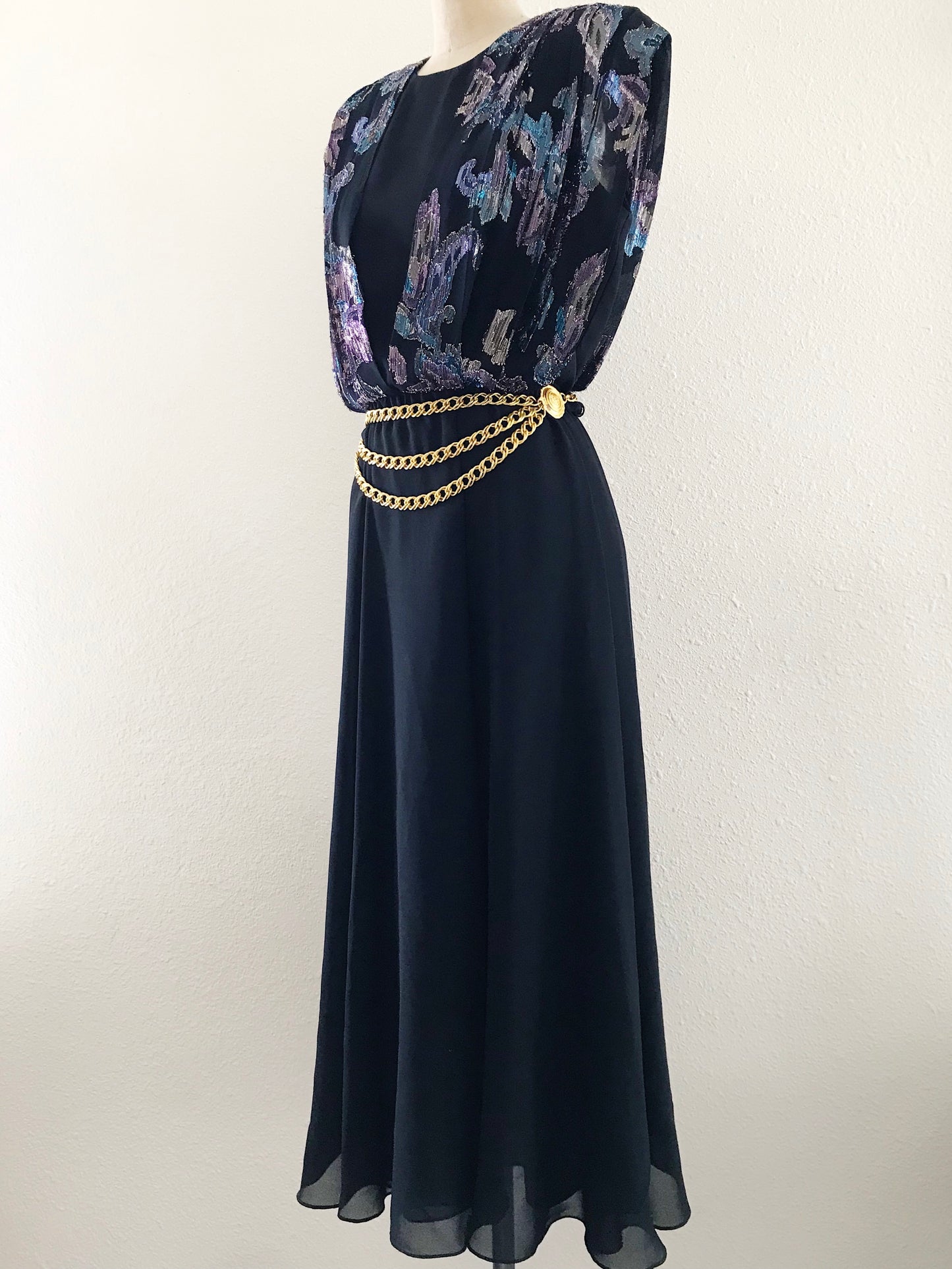 Vintage 1980s Ursula of Switzerland Black Chiffon Midi Dress