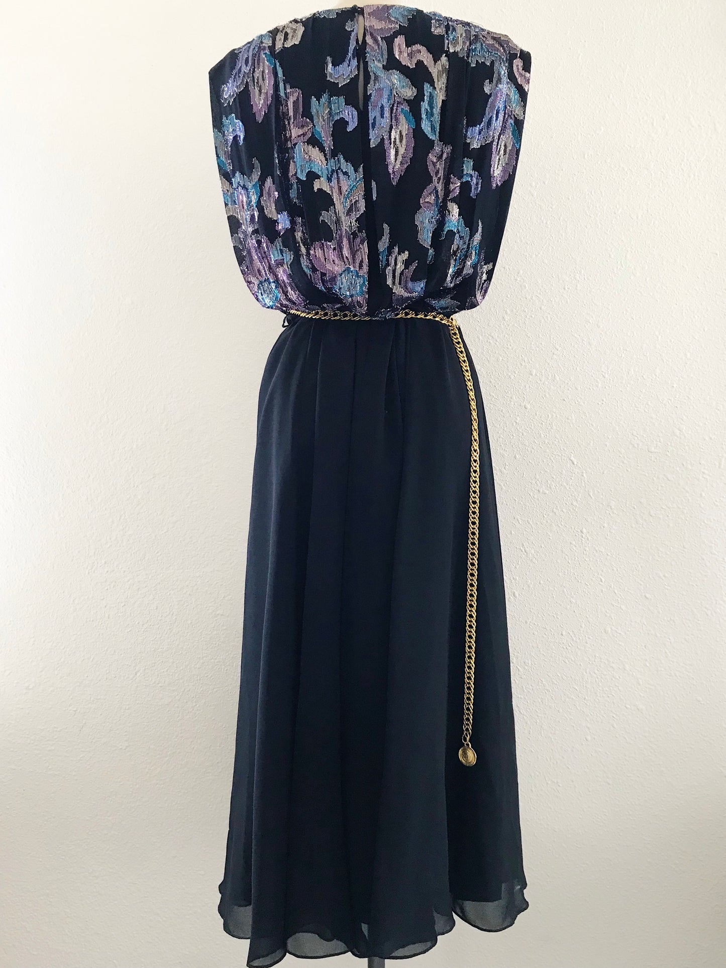 Vintage 1980s Ursula of Switzerland Black Chiffon Midi Dress