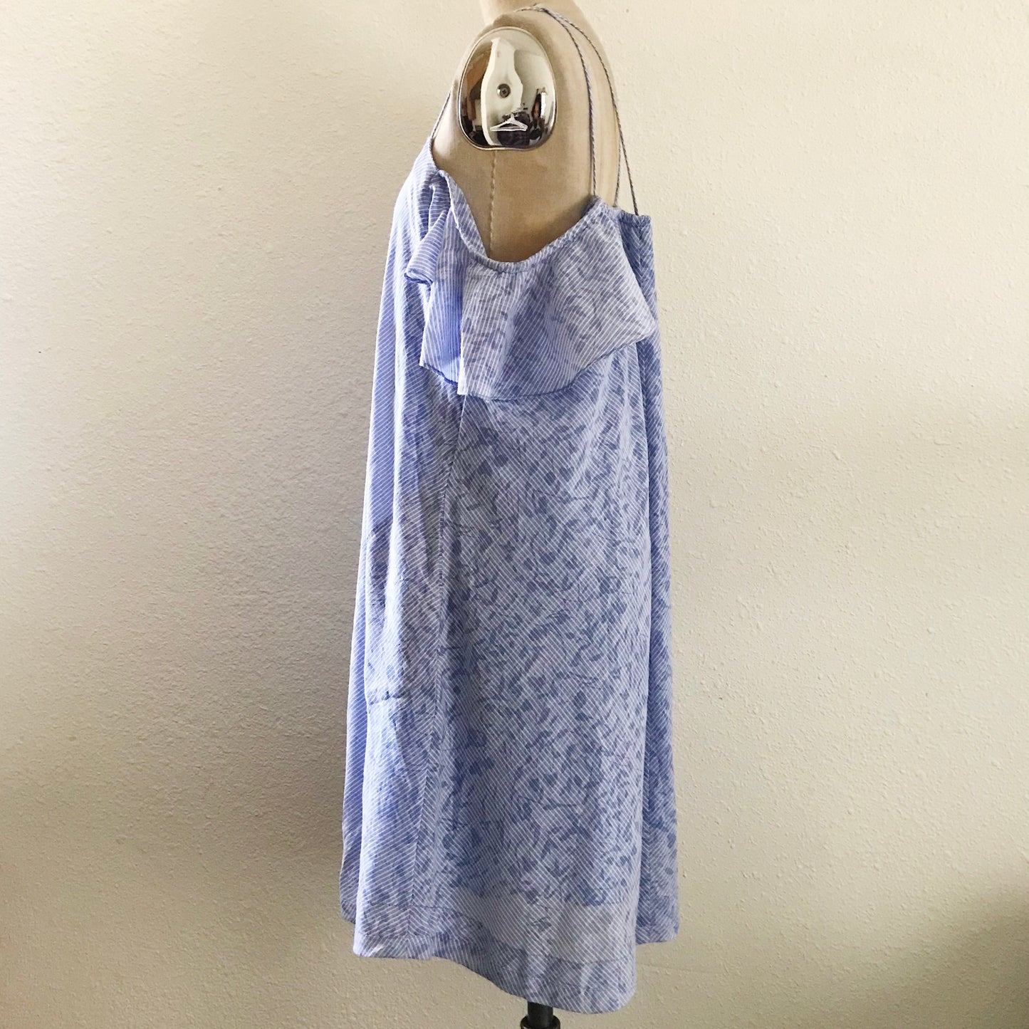 Anthropologie HD in Paris Blue Cotton Striped Ruffle Off Shoulder Dress