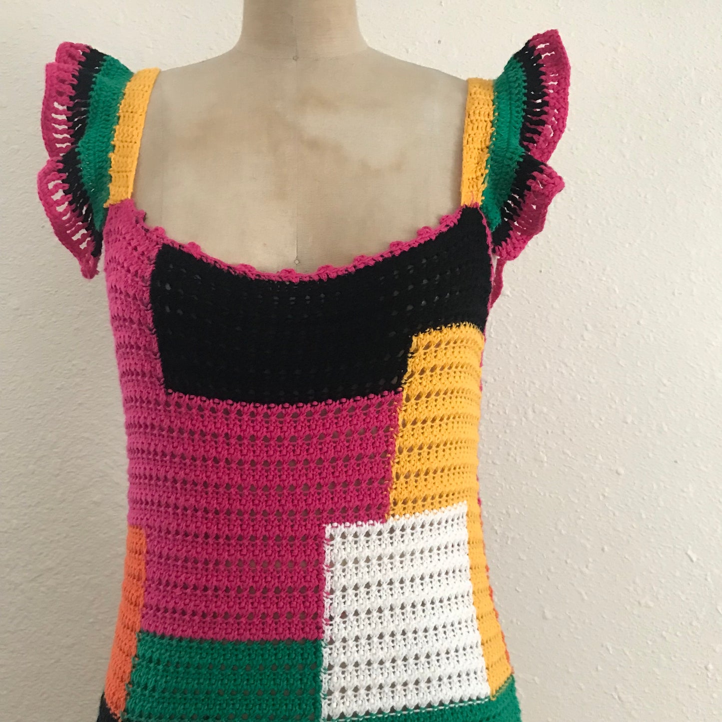 Zara Colorful Crochet Cotton Knit Mini Ruffle Dress