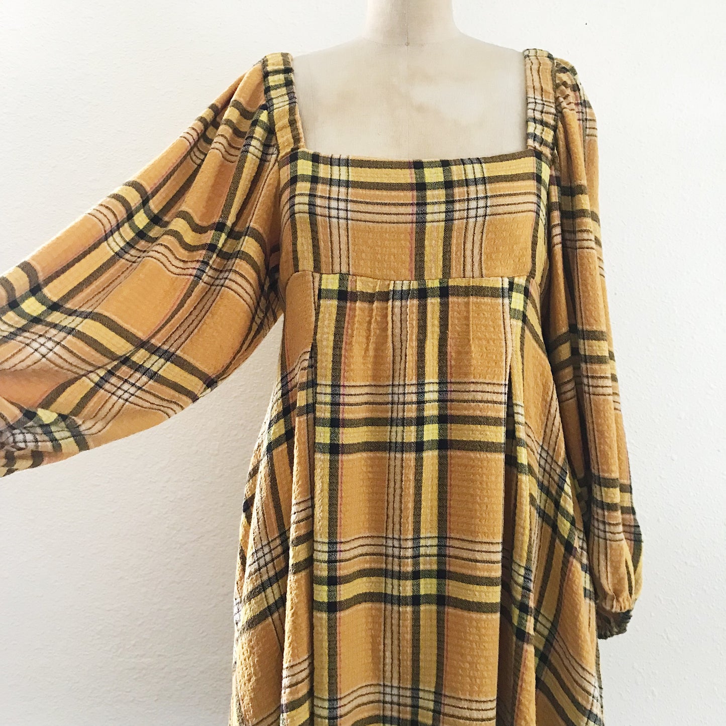 Urban Outfitters Yellow Plaid Bubble Sleeve Mini Dress