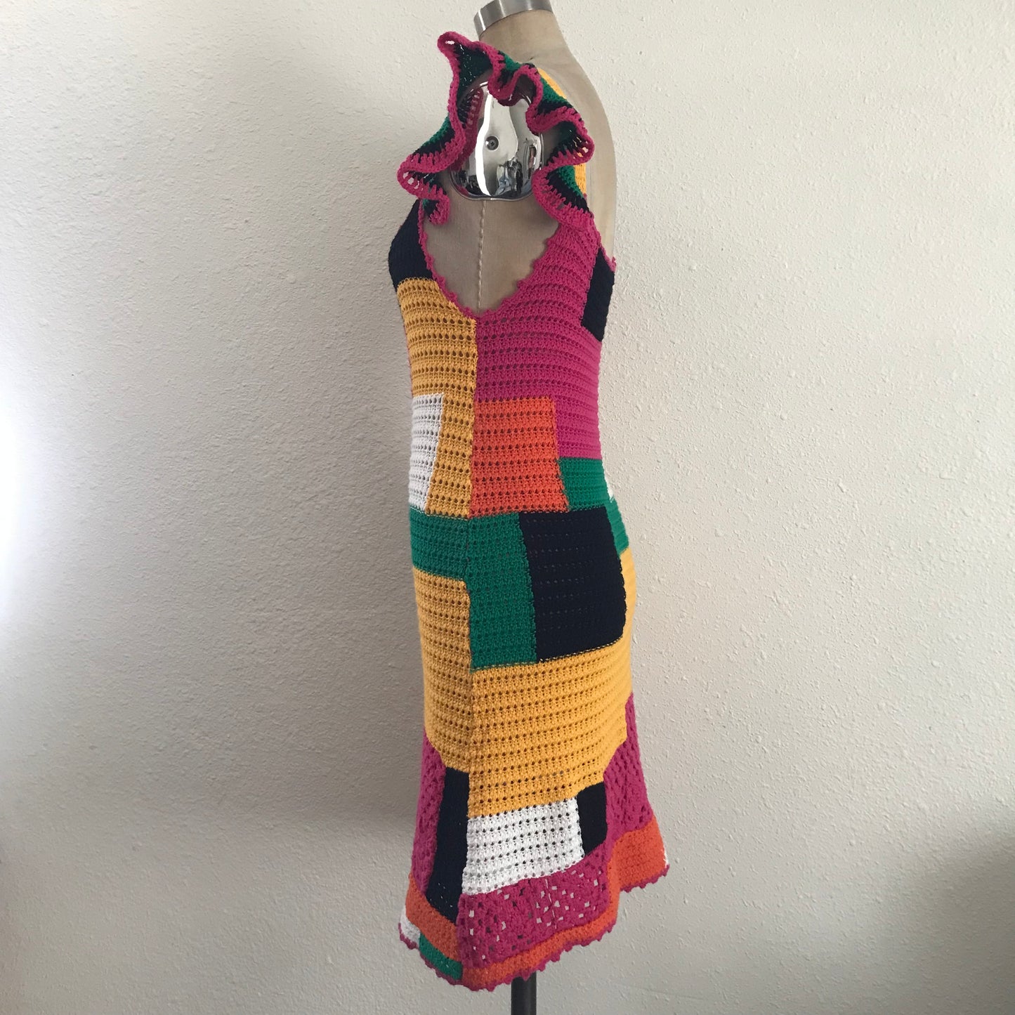 Zara Colorful Crochet Cotton Knit Mini Ruffle Dress