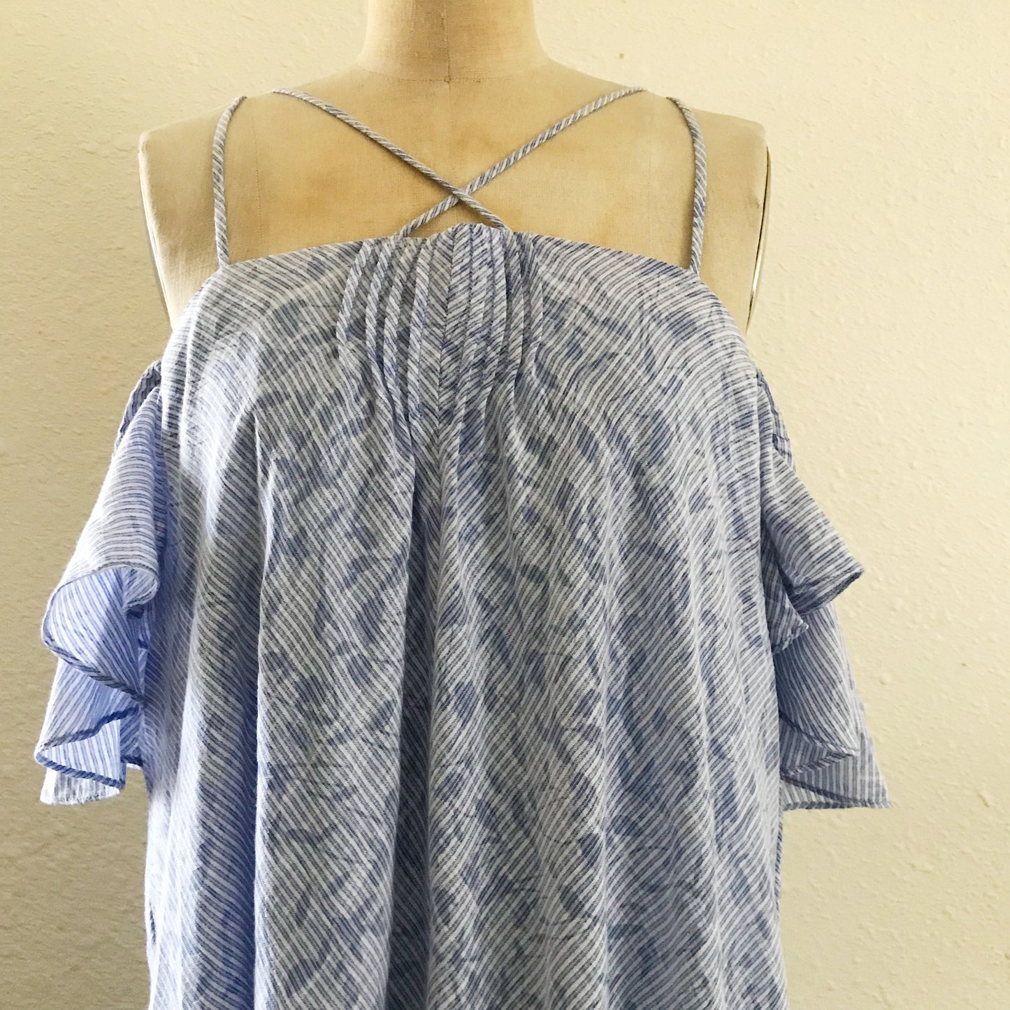 Anthropologie HD in Paris Blue Cotton Striped Ruffle Off Shoulder Dress