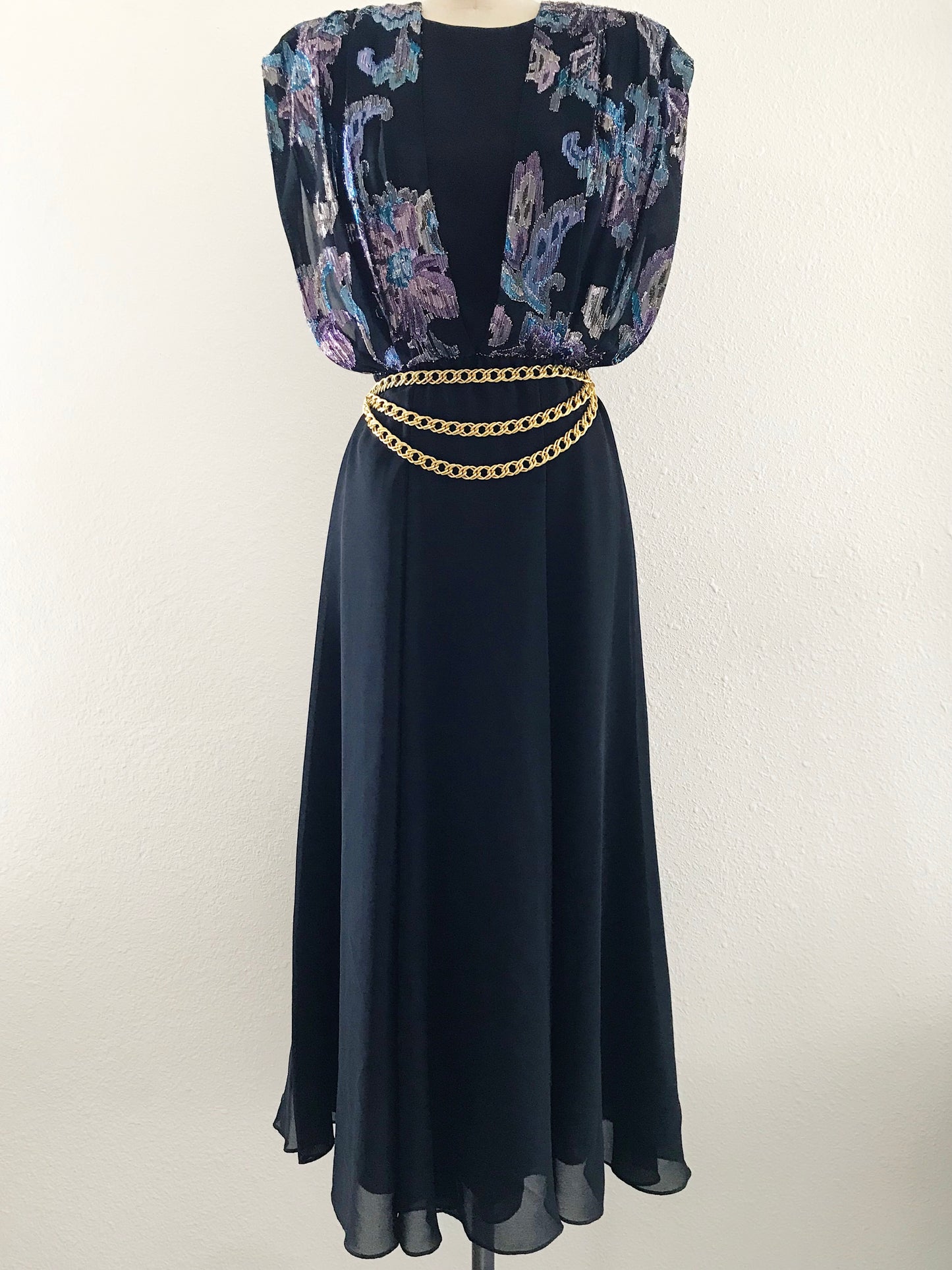 Vintage 1980s Ursula of Switzerland Black Chiffon Midi Dress