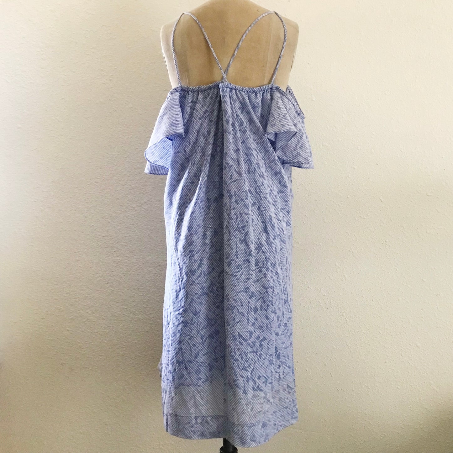 Anthropologie HD in Paris Blue Cotton Striped Ruffle Off Shoulder Dress