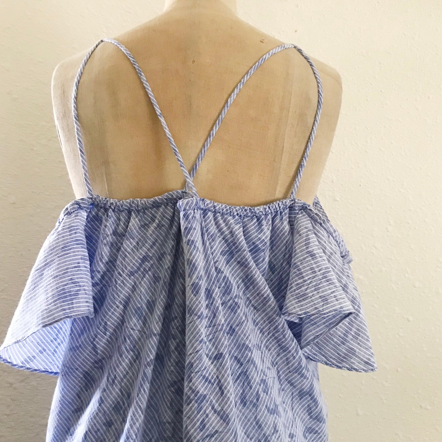 Anthropologie HD in Paris Blue Cotton Striped Ruffle Off Shoulder Dress