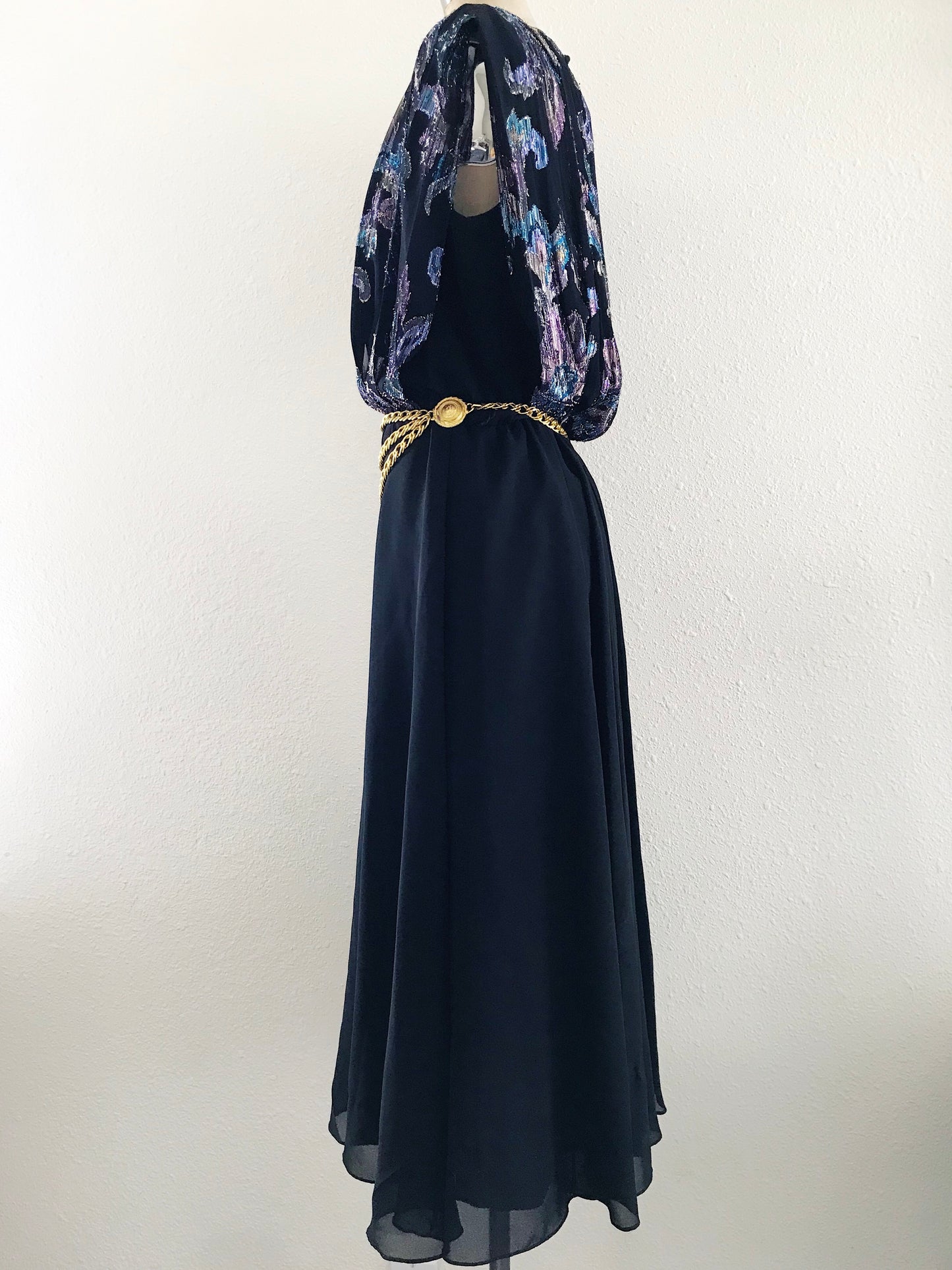 Vintage 1980s Ursula of Switzerland Black Chiffon Midi Dress