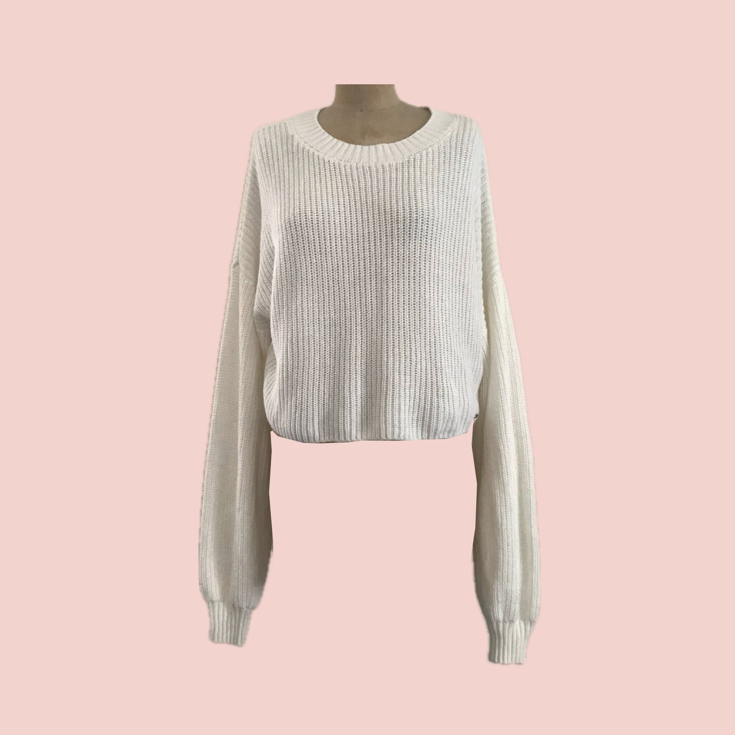 Hollister White Long Sleeve Cotton Knit Cropped Sweater