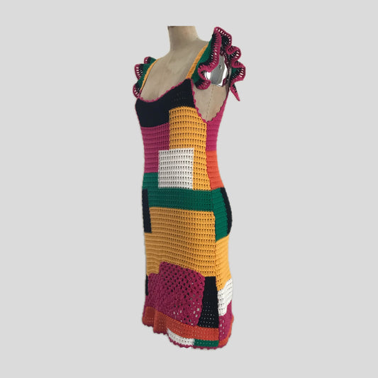 Zara Colorful Crochet Cotton Knit Mini Ruffle Dress